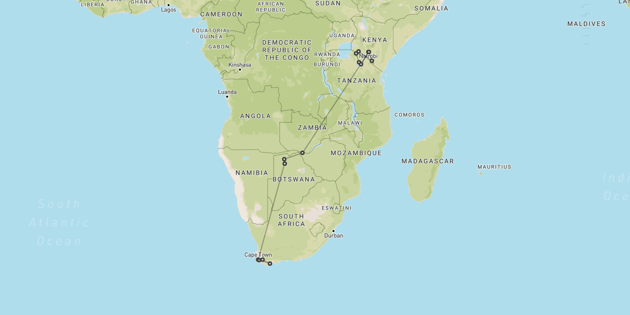 Mara, Serengeti, Falls, Okavango & Cape